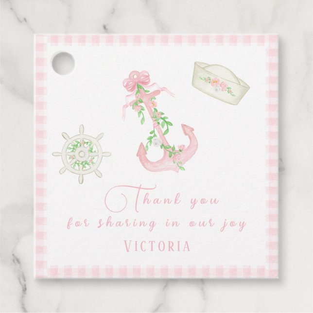 Étiquettes Cadeau Baby shower Nautique Pink Plaid Bébé fille (Devant)