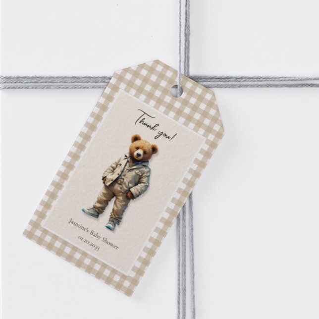Étiquettes-cadeau Baby shower neutre vintage Teddy (cute vintage teddy baby shower gift tag in neutral colors , vintage modern)