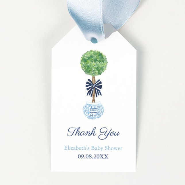 Étiquettes-cadeau Baby shower opiacé en bois de Bow bleu foncé Prepp (Preppy Boxwood Topiary with dark blue and white bow little boy baby shower favor tags)