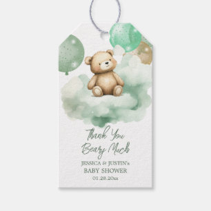 Étiquettes-cadeau Baby shower Or vert Teddy Bear Balloon
