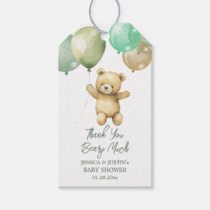 Étiquettes-cadeau Baby shower Or vert Teddy Bear Balloon