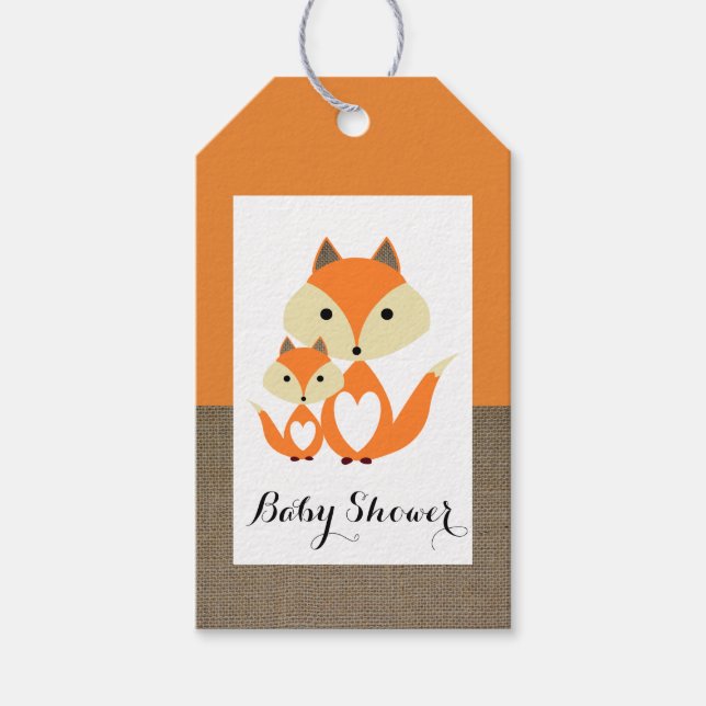 Étiquettes-cadeau Baby shower Orange Fox Burlap (Devant)