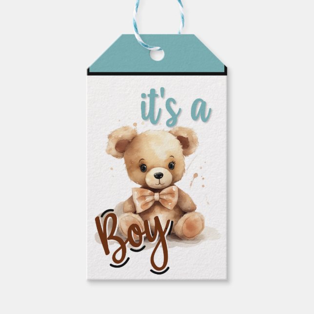 Étiquettes-cadeau Baby shower Ours Bleu Boho (Devant)