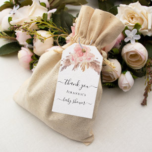 Étiquettes-cadeau Baby shower pampas herbe rose or blush floral