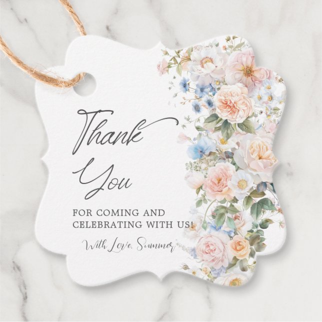 Étiquettes Cadeau Baby Shower Pastel Mariage Fleurs Blanches et Bleu (Devant)