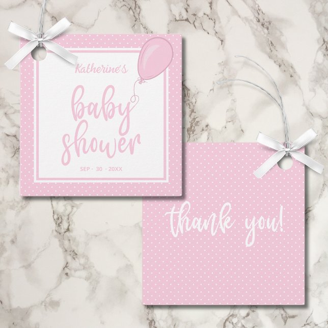 Étiquettes Cadeau Baby shower Pastel rose bébé fille Polka Dot (Pink Polka Dot Baby Shower Thank You Tag for Baby Girls with Mother's Name, Shower Date.)