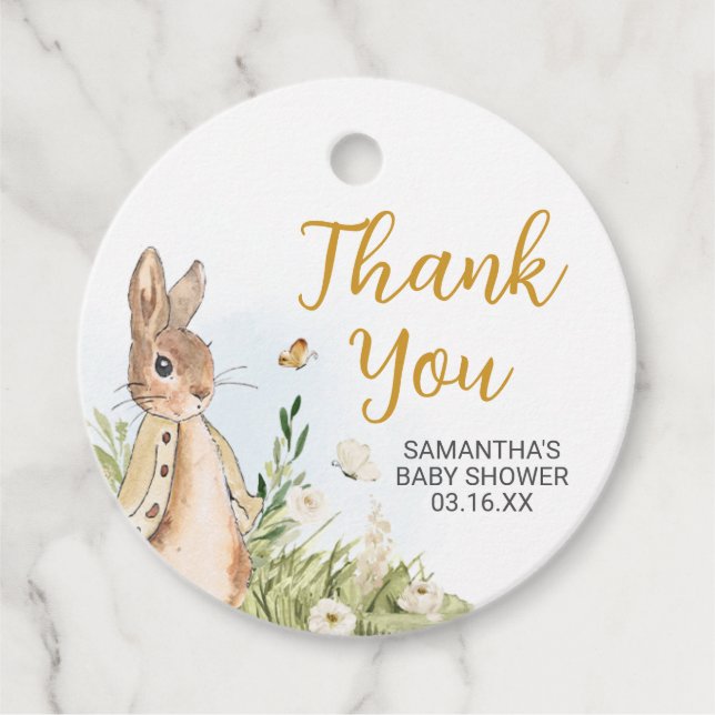 Étiquettes Cadeau Baby shower Peter Rabbit rond (Devant)
