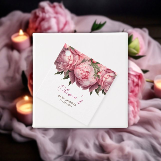 Étiquettes Cadeau Baby shower Pies Roses (Pink Peonies Watercolor Baby Shower Favor Tags)