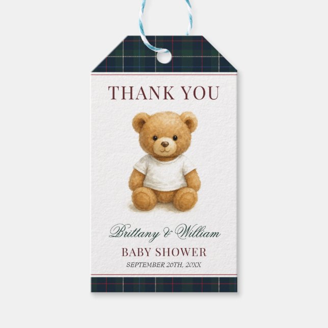 Étiquettes-cadeau Baby shower Plaid Vert épicé classique (Devant)