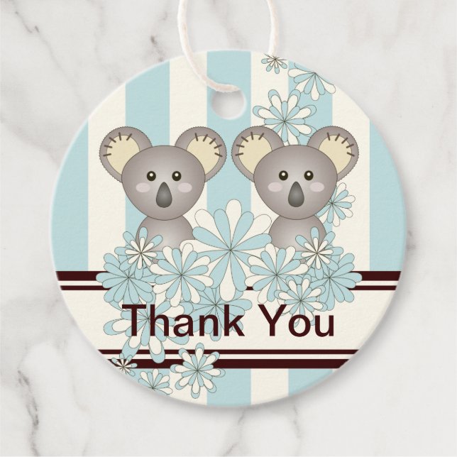 Étiquettes Cadeau Baby shower pour garçon Koala Twin / Merci d'anniv (Devant)