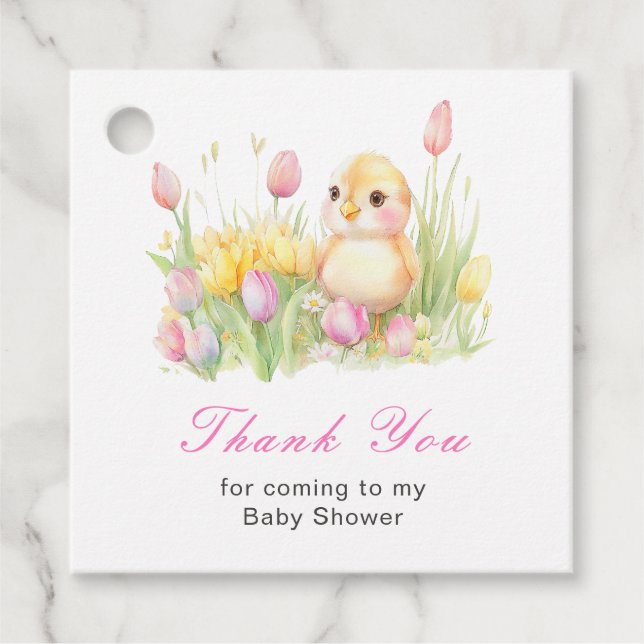 Étiquettes Cadeau Baby Shower Poussin de Printemps (Devant)