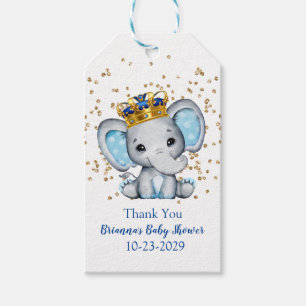 Étiquettes-cadeau Baby shower Prince Royal Blue Gold Elephant Boy