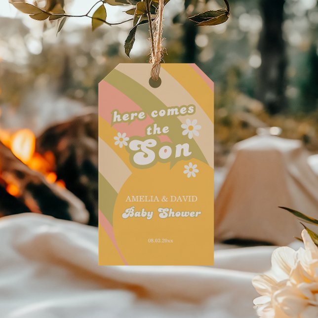 Étiquettes-cadeau Baby Shower Rétro Pastel Enfant Groovy Rayé (Créateur téléchargé)