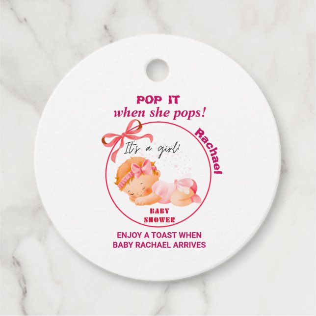 Étiquettes Cadeau Baby Shower Rose, Baby Shower Fille (Devant)