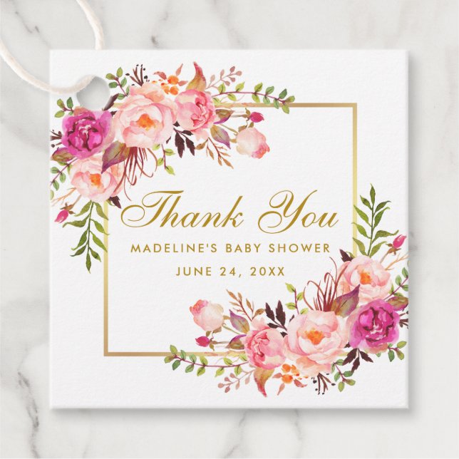 Étiquettes Cadeau Baby shower Rose Blush Floral Or Frame Merci (Devant)