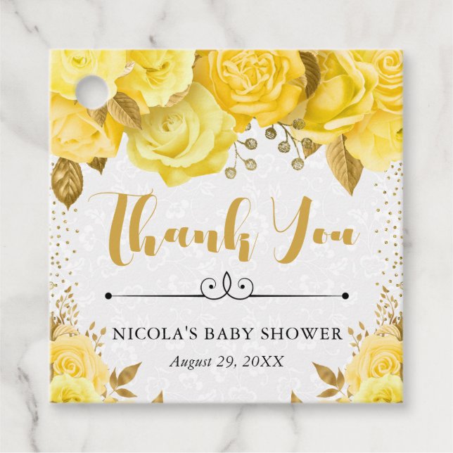 Étiquettes Cadeau Baby shower Rose de verre jaune aquarelle (Devant)