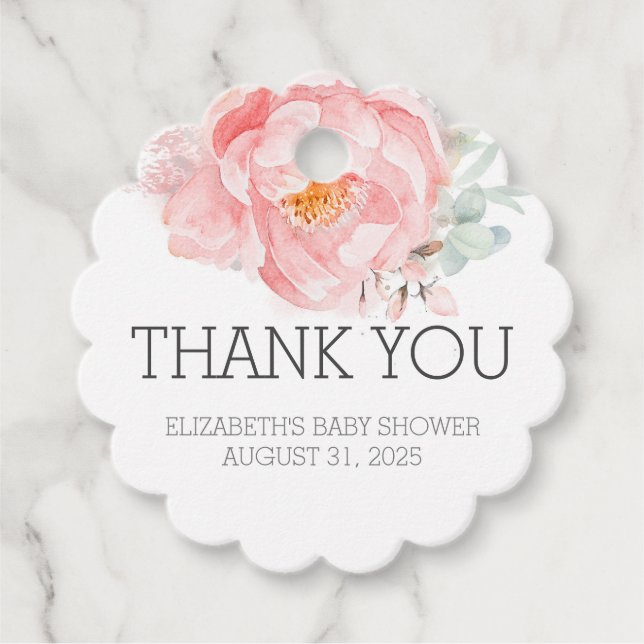 Étiquettes Cadeau Baby shower rose Fleur Merci Favoriser les étiquet (Devant)
