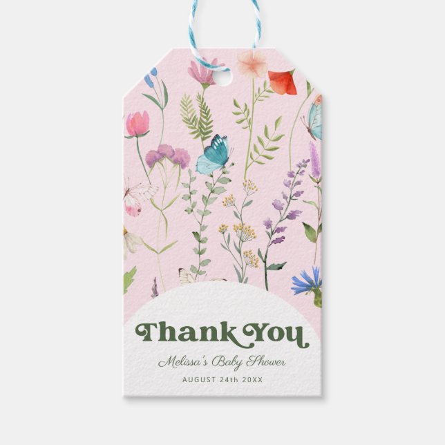 Étiquettes-cadeau Baby shower rose Fleur sauvage Merci  (Devant)
