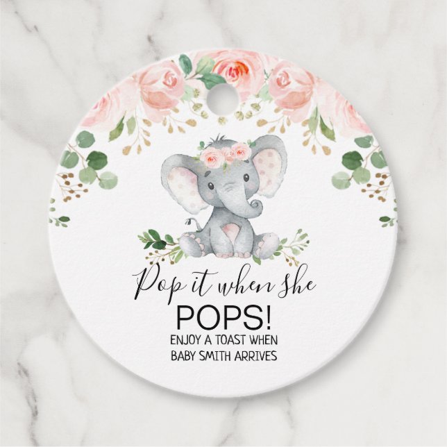 Étiquettes Cadeau Baby shower rose Floral Eléphant Pop It (Devant)