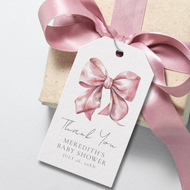 Étiquettes-cadeau Baby Shower Rose Foncé Ruban (Pink Bow Baby Shower Thank You Gift Tags)