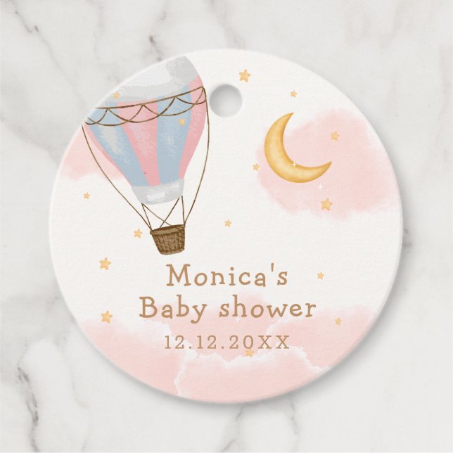 Étiquettes Cadeau Baby shower Rose Girl Hot Air Balloon Lune Star (Devant)