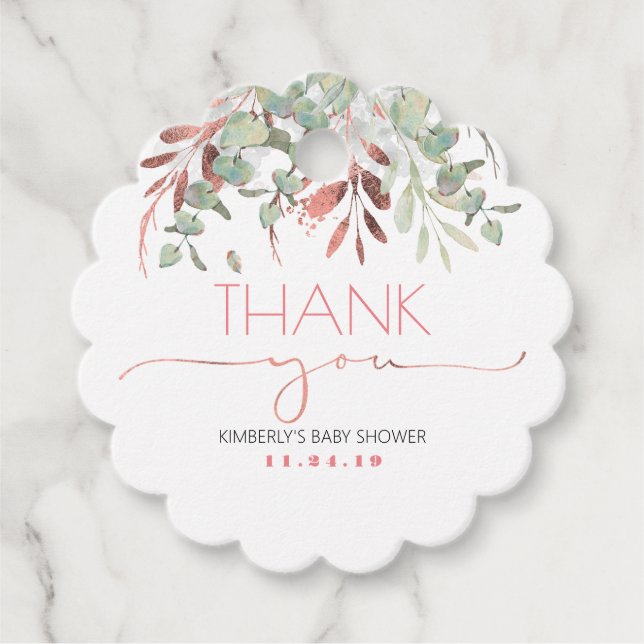 Étiquettes Cadeau Baby shower rose Gold Green Merci (Devant)