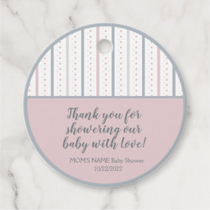 Étiquettes Cadeau Baby shower rose gris blanc rayé et pointillé