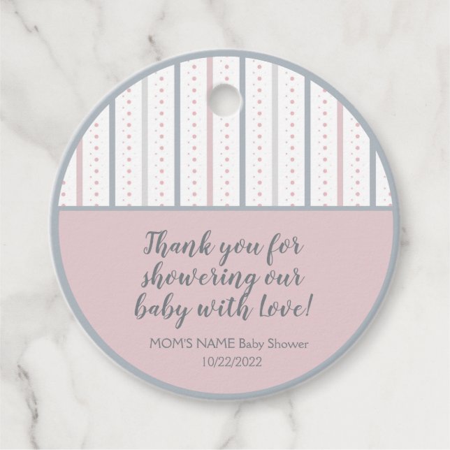 Étiquettes Cadeau Baby shower rose gris blanc rayé et pointillé (Devant)