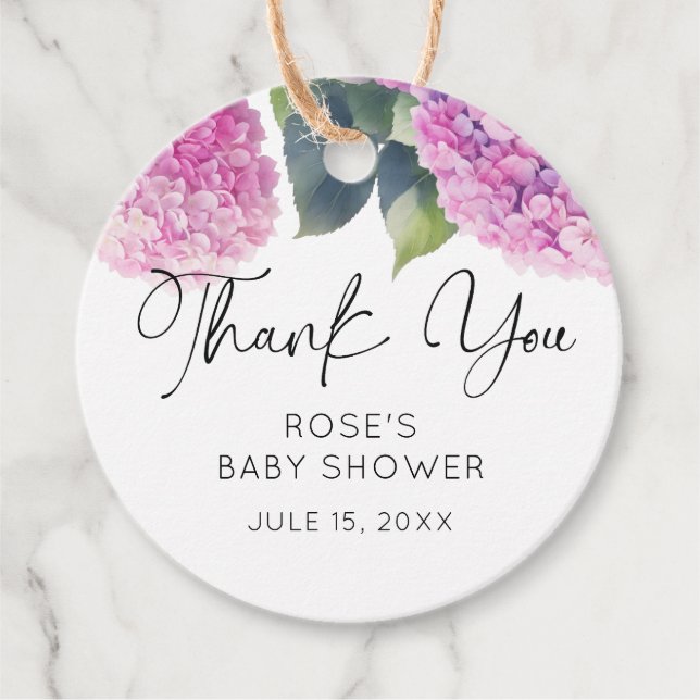 Étiquettes Cadeau Baby shower rose Hydrangea (Devant)