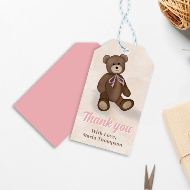 Étiquettes-cadeau Baby Shower Rose Ourson Personnalisé (Pink teddy bear cute thank you gift tag.)