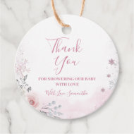Étiquettes Cadeau Baby Shower Rose Pâle Flocon de Neige Hiver Traîne