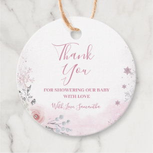 Étiquettes Cadeau Baby Shower Rose Pâle Flocon de Neige Hiver Traîne