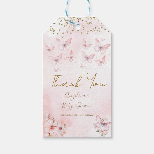 Étiquettes-cadeau Baby shower rose papillon Merci Favoriser (Devant)