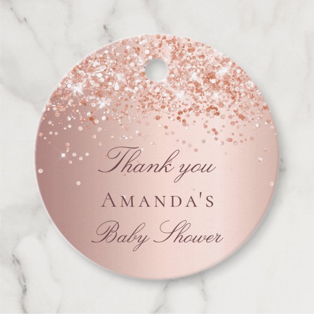 Étiquettes Cadeau Baby shower rousse rose or merci (Devant)