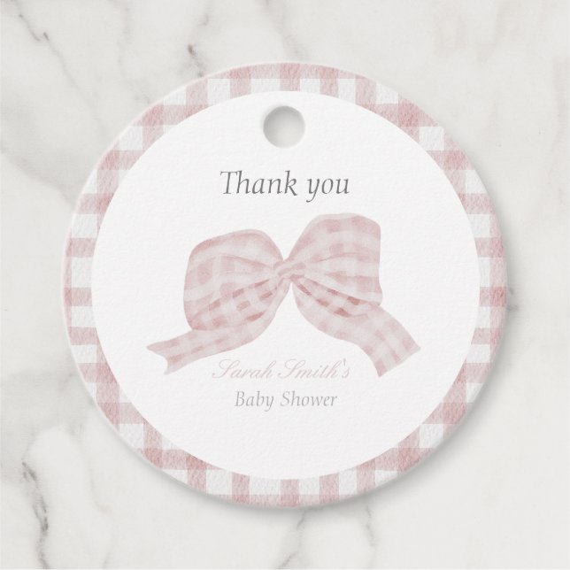 Étiquettes Cadeau Baby shower ruban à arc rose mou (Devant)