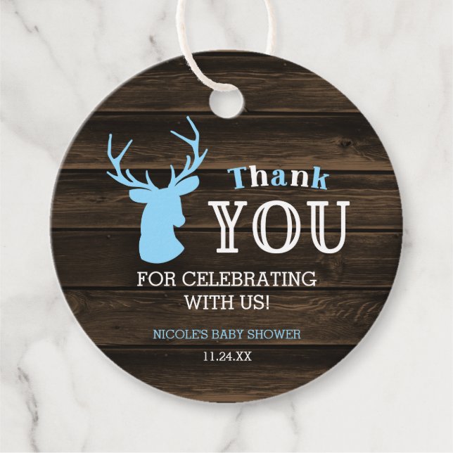 Étiquettes Cadeau Baby shower Rustique Bois Bleu Cerf Bois Merci (Devant)