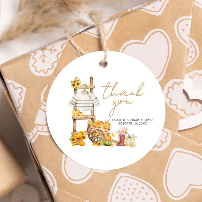 Étiquettes Cadeau Baby shower rustique petit Citrouille rond (A Little Pumpkin Baby Shower Round Favor Tags)