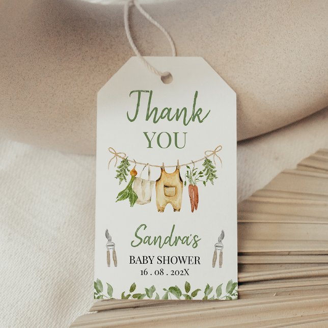 Étiquettes-cadeau Baby-Shower Rustique Vert Local (Locally Grown baby Shower Gift Tag, Locally Grown Farmers Market Baby Shower Gift Tag, Clothesline)