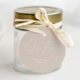 Étiquettes Cadeau Baby shower script moderne beige élégant