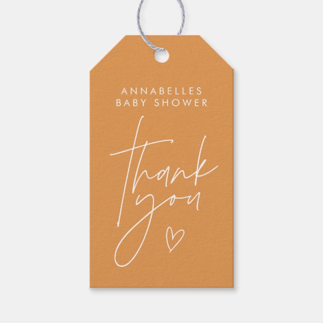 Étiquettes-cadeau Baby shower script moderne orange unique élégant (Devant)