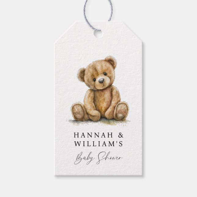 Étiquettes-cadeau Baby shower simple Aquarelle Teddy Bear (Devant)