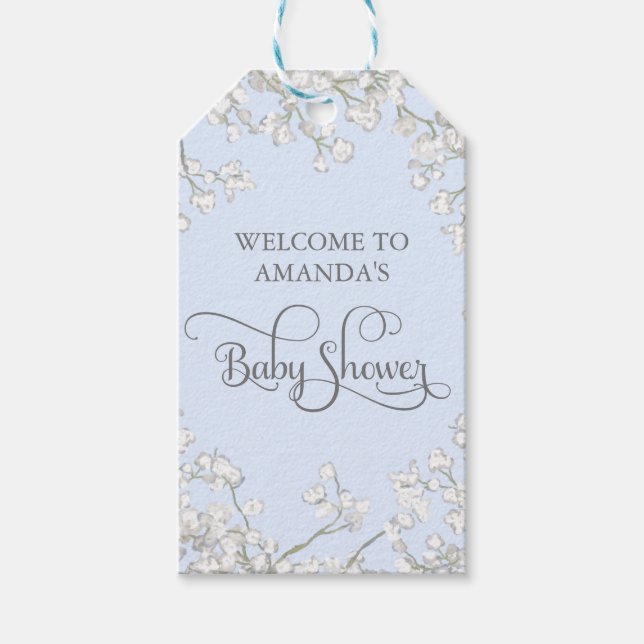 Étiquettes-cadeau Baby shower simple Blue White Floral Script garçon (Devant)