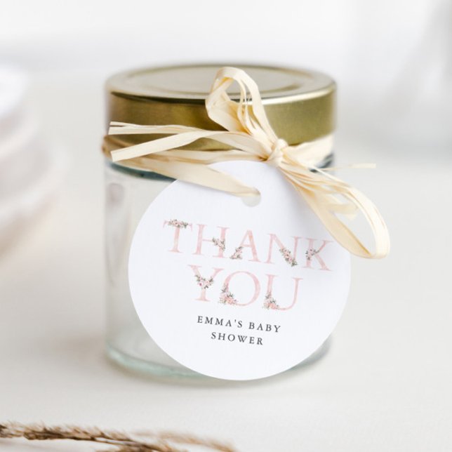 Étiquettes Cadeau Baby shower simple de typographie florale Merci (Elegant Typography Floral Pink Girls Baby Shower Thank You Favor Tag.)