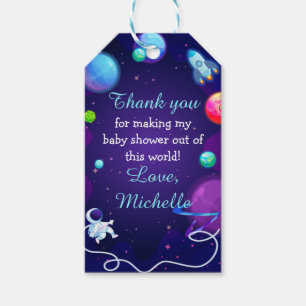 Étiquettes-cadeau Baby shower spatial planète astronaute bleue
