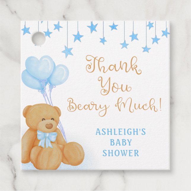Étiquettes Cadeau Baby shower Teddy Bear Blue Stars Merci (Devant)