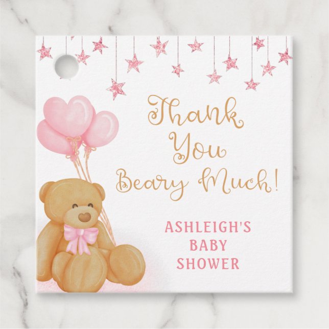Étiquettes Cadeau Baby shower Teddy Bear Rose Stars Merci (Devant)