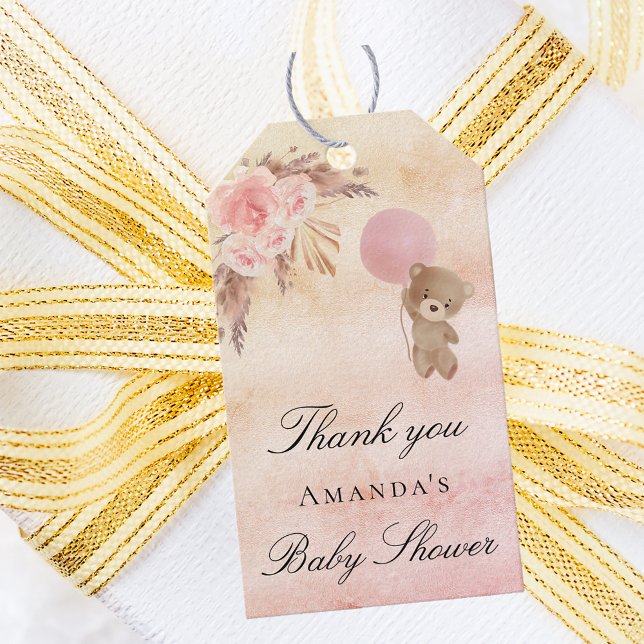 Étiquettes-cadeau Baby shower teddy blush pampas herbe merci (Créateur téléchargé)