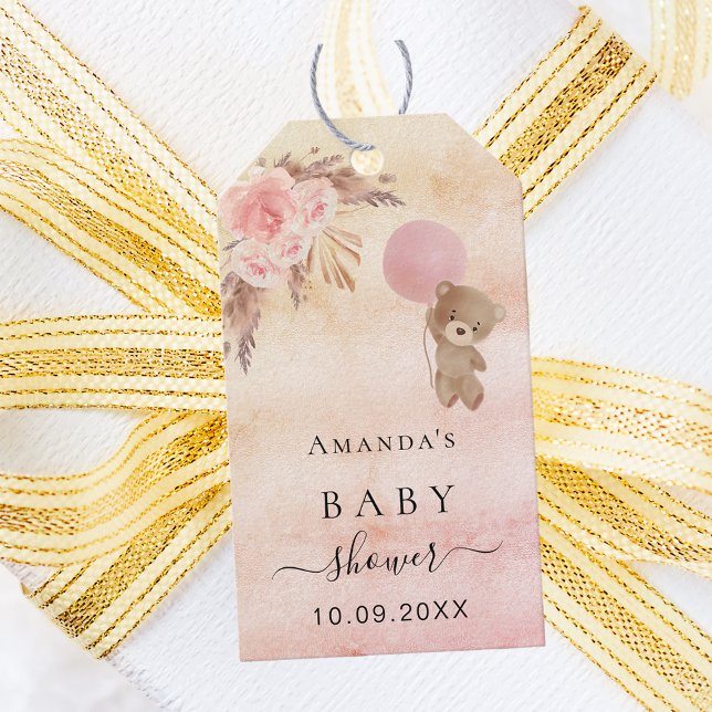 Étiquettes-cadeau Baby shower teddy blush pampas herbe merci (Créateur téléchargé)