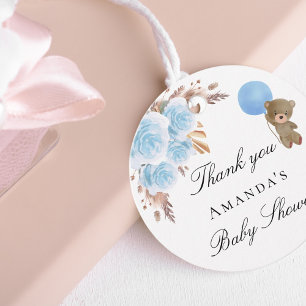 Étiquettes Cadeau Baby shower teddy pampas herbe bleu merci