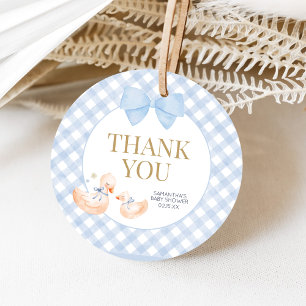 Étiquettes Cadeau Baby-Shower Thème Dinde Sauvage en Vichy Bleu